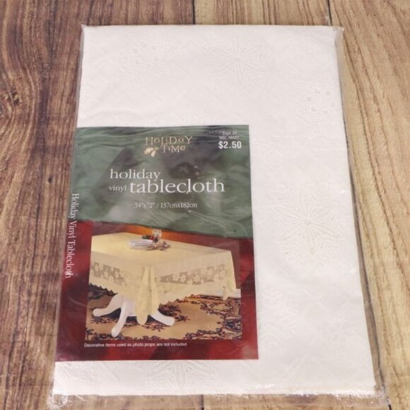 Vintage Holiday Time Christmas Tablecloth Vinyl  54" X 72" Snowflake Lace - Picture 1 of 7